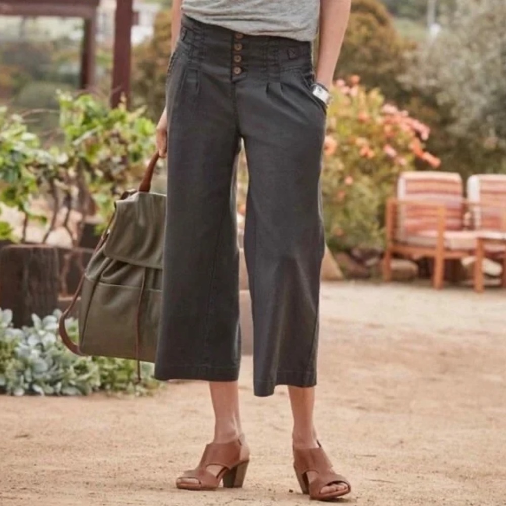 Sundance Villa Wide Leg Linen Cropped Pants Button Front Pleat Boho Black SZ 6